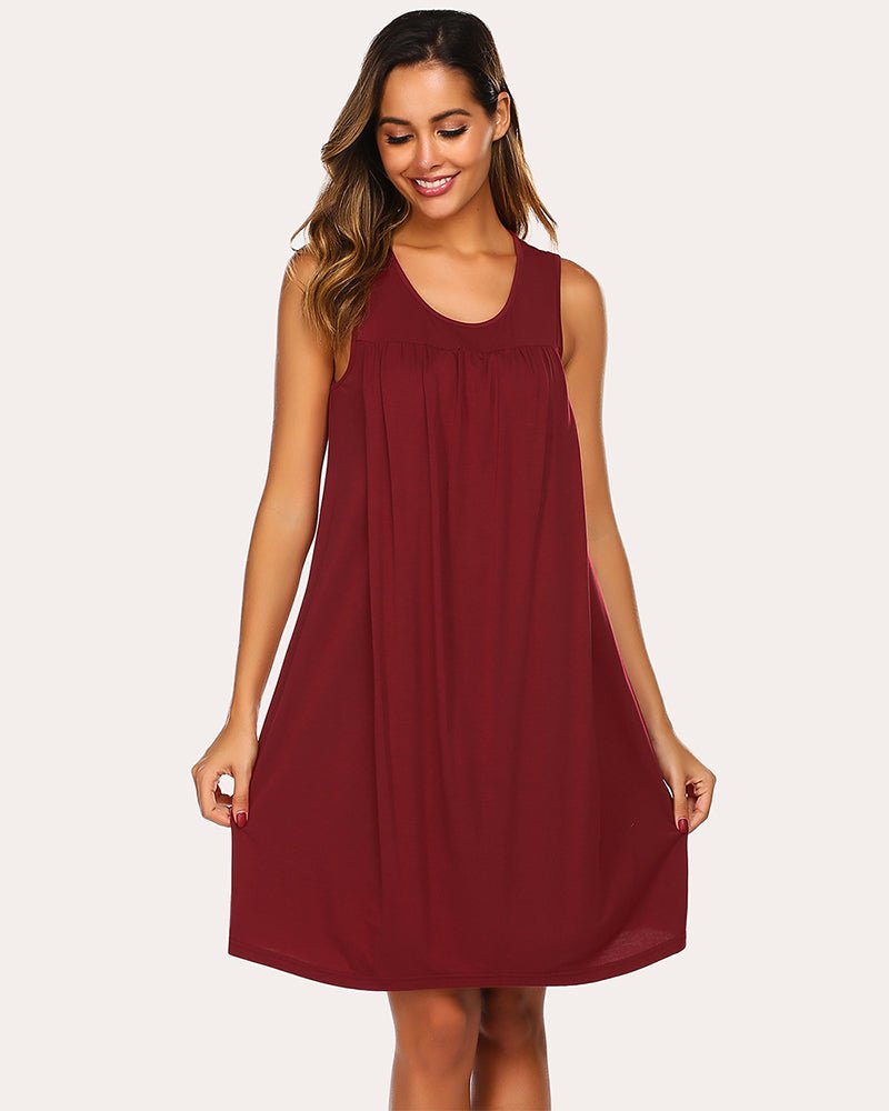 Wine red sleeveless maternity nursing dress with round O-neck and gathered skirt