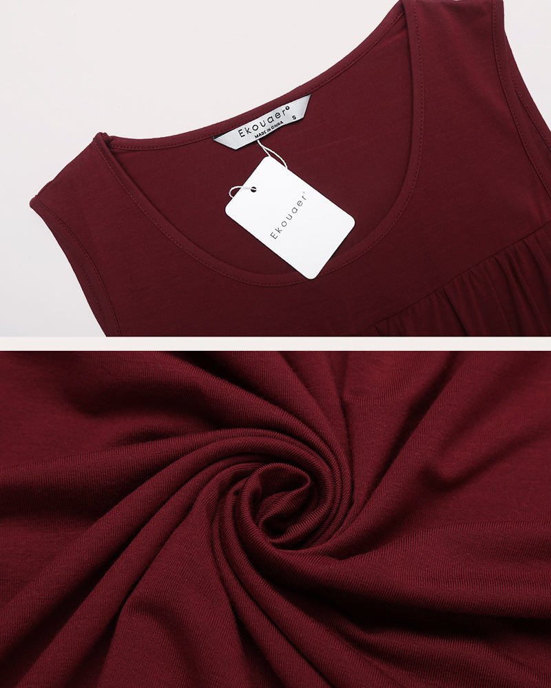 Wine red sleeveless O-neck maternity nursing dress, neckline and fabric drape