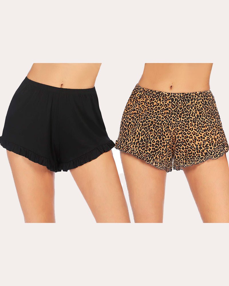 Women’s loose pajama shorts with elastic waist, black and leopard print (tan)