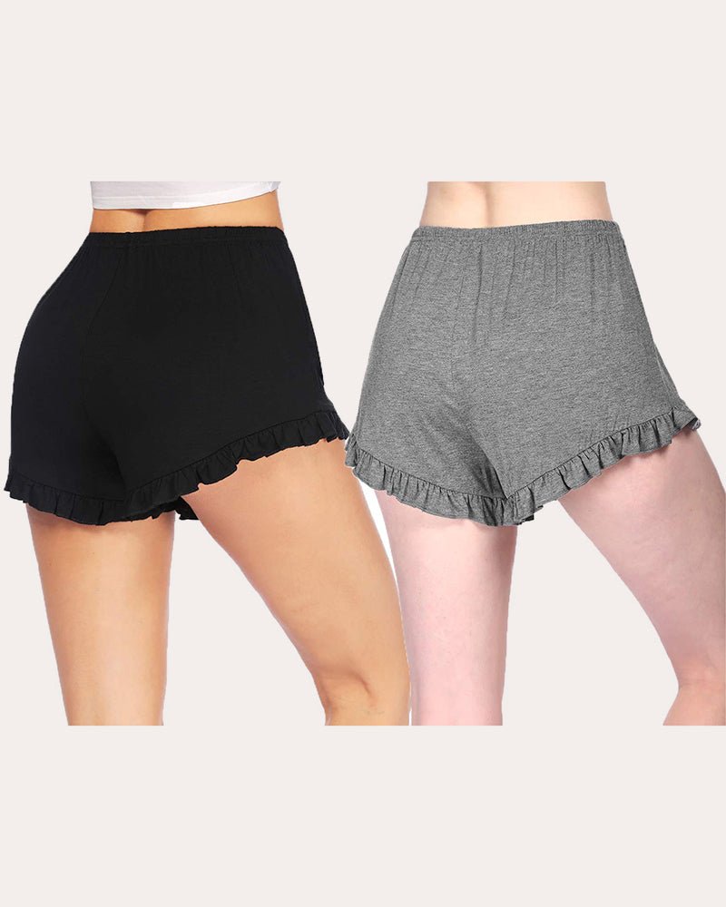 Women’s pajama shorts: black and gray, elastic waist, ruffled hem