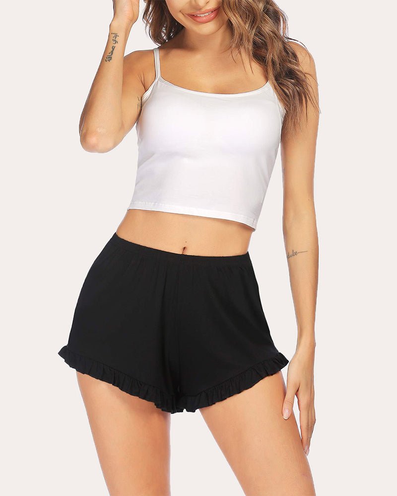 Women’s black pajama shorts, elastic waistband, loose fit, ruffled hem
