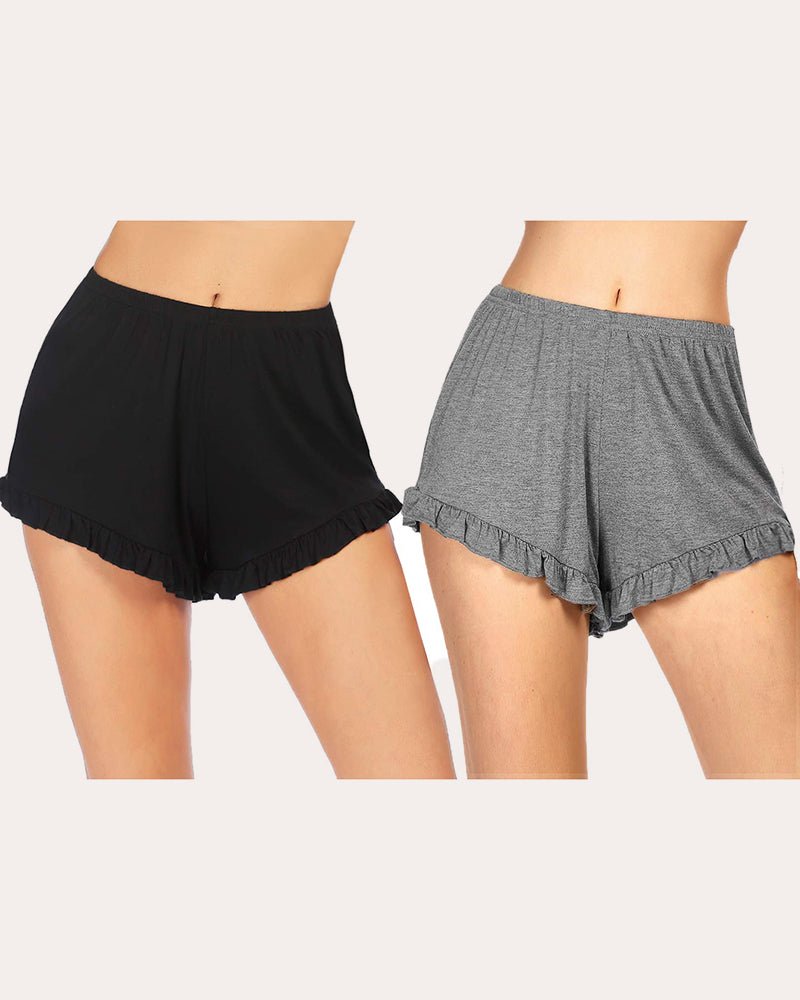 Women’s pajama shorts: black and gray, elastic waist, ruffled hem