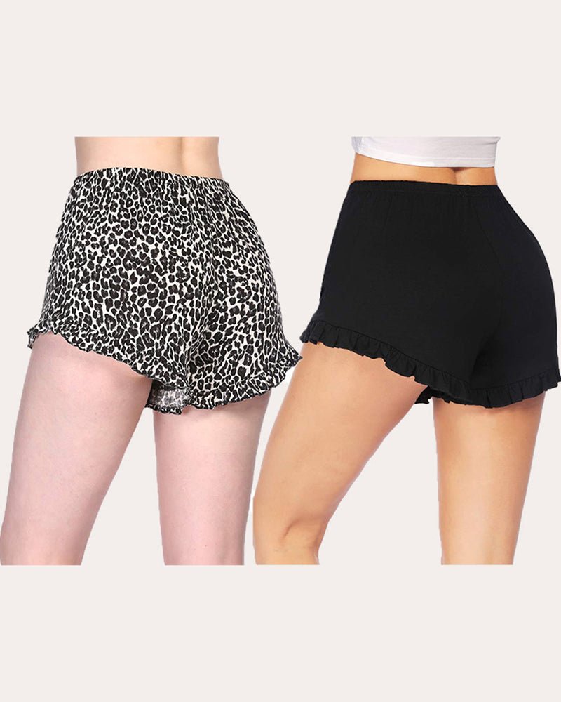 Women’s pajama shorts, leopard and black elastic waist, ruffled hem