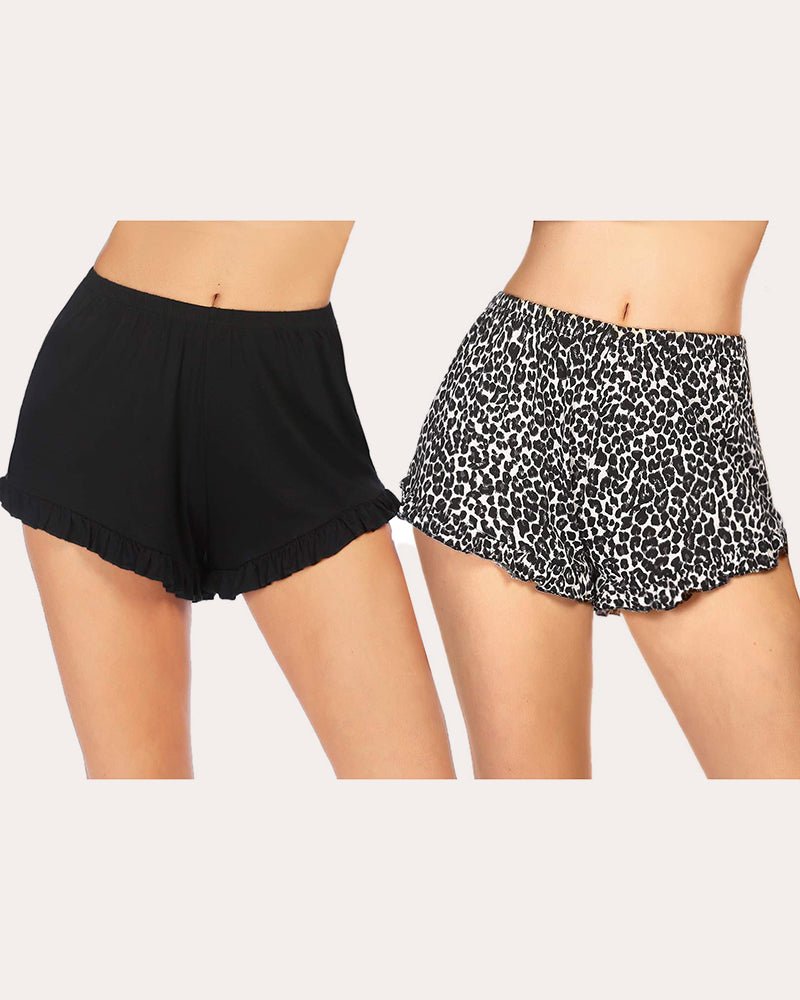 Women’s pajama shorts: black solid and leopard print, elastic waist, ruffled hem