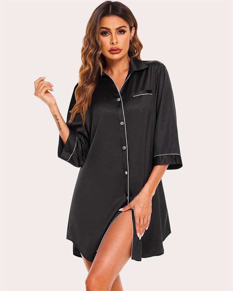 Black satin button-up nightshirt with chest pocket and contrast piping, loose fit