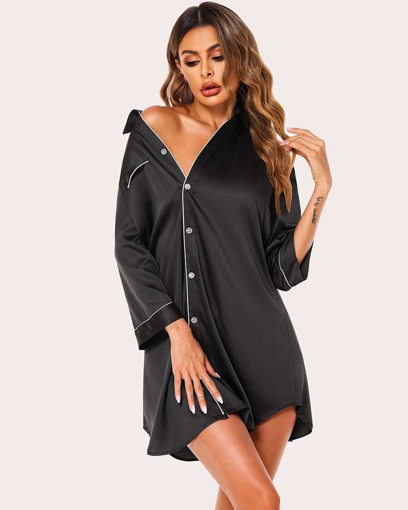 Black satin V-neck button-up nightshirt with contrast piping and 3/4 sleeves