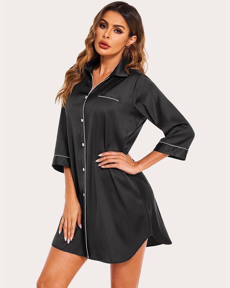 Black satin button-up nightshirt with chest pocket, contrast piping at collar and cuffs