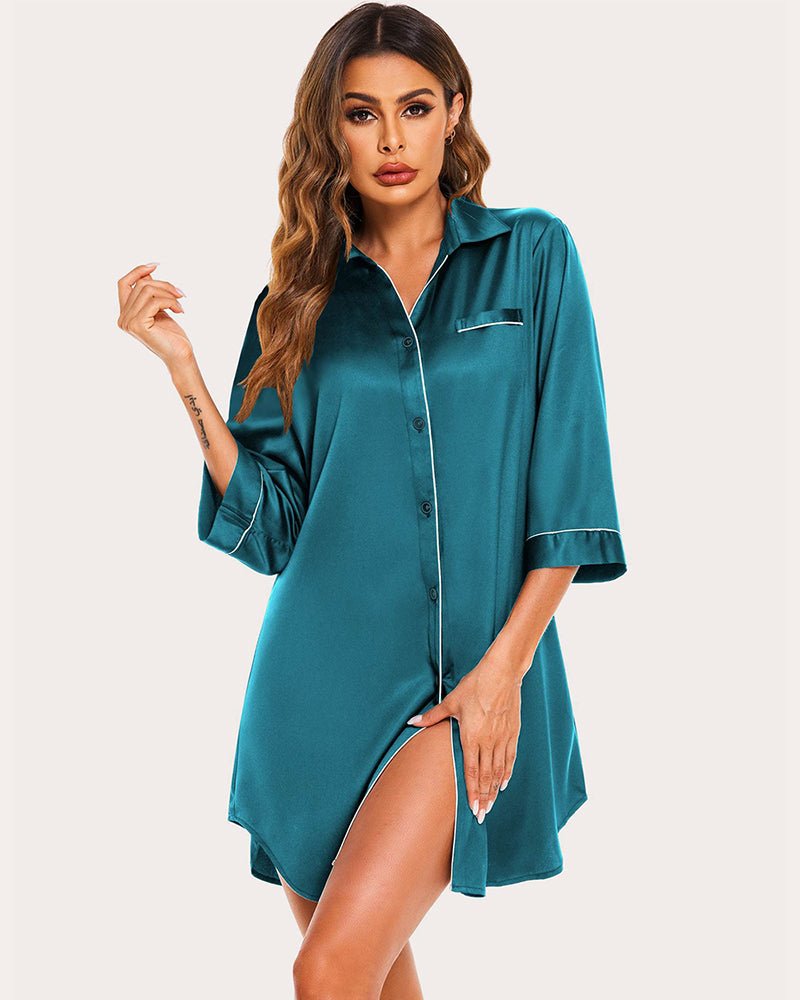 Teal satin button-up nightshirt with chest pocket and contrast piping, 3/4 sleeves