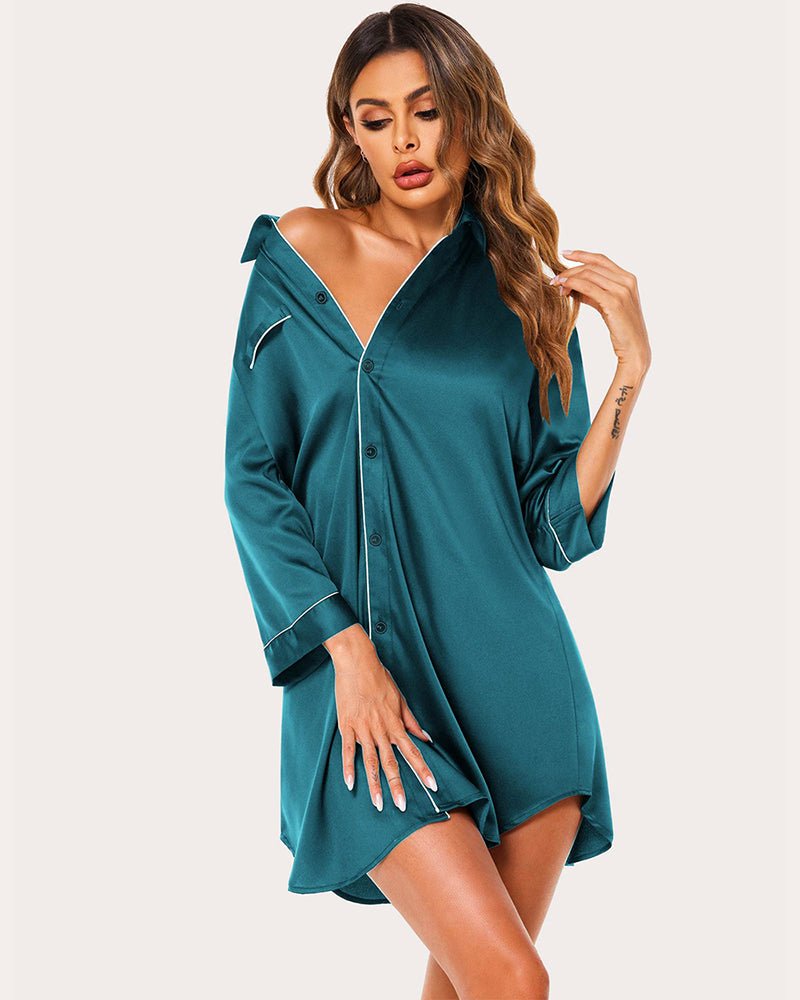 Teal satin button-down nightshirt with notch collar and 3/4 sleeves