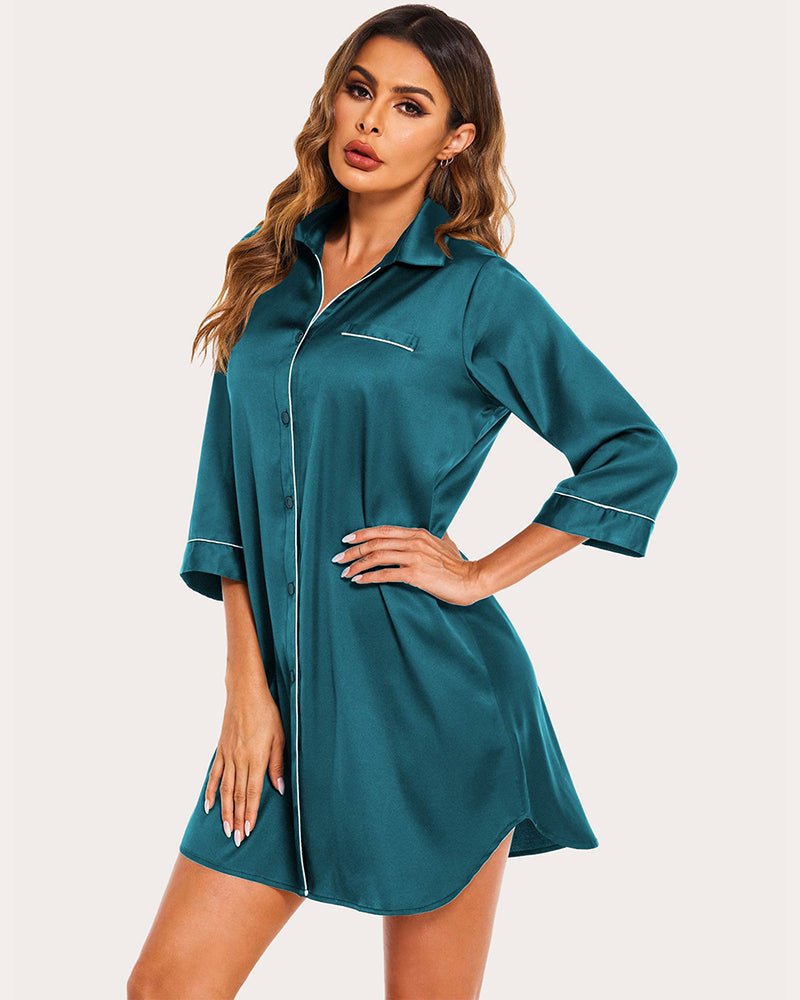 Teal satin nightshirt dress with front buttons, chest pocket, and rolled sleeves