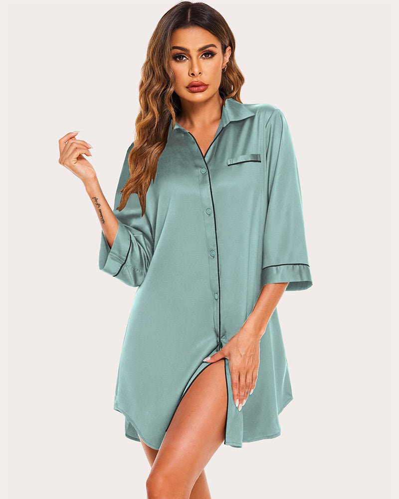 Celadon green satin button-up nightshirt with chest pocket and contrast trim