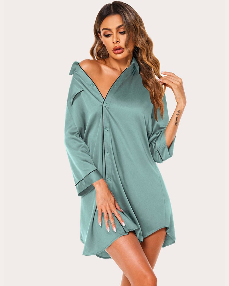 Light teal satin button-down nightshirt with notch collar and 3/4 sleeves