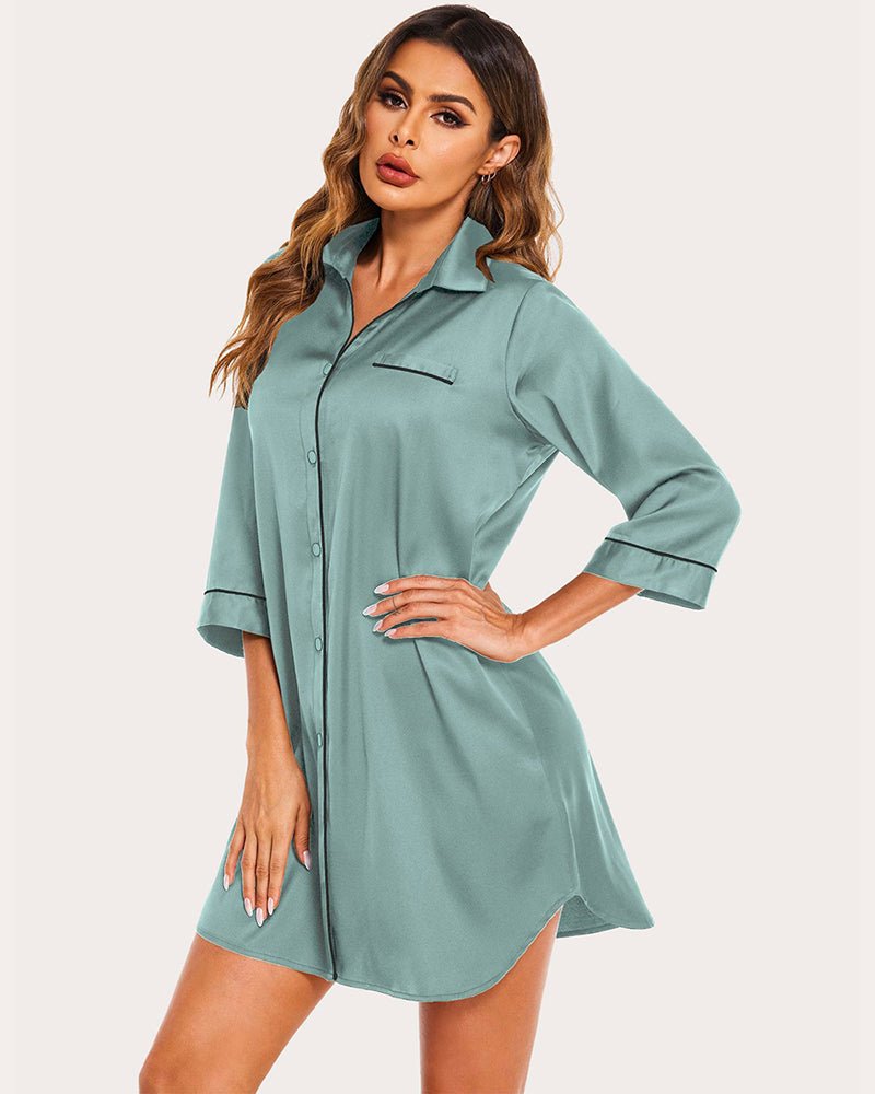 Celadon green satin nightshirt dress with button front and chest pocket