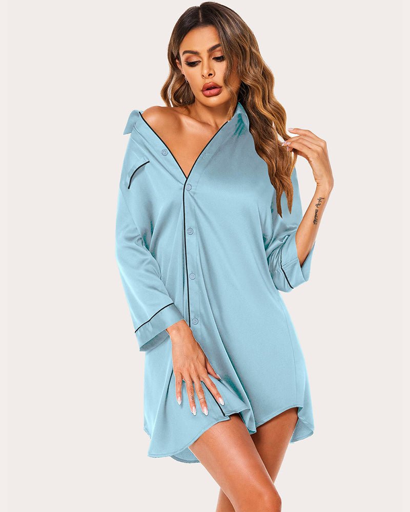 Light blue satin button-down nightshirt with notch collar and 3/4 sleeves
