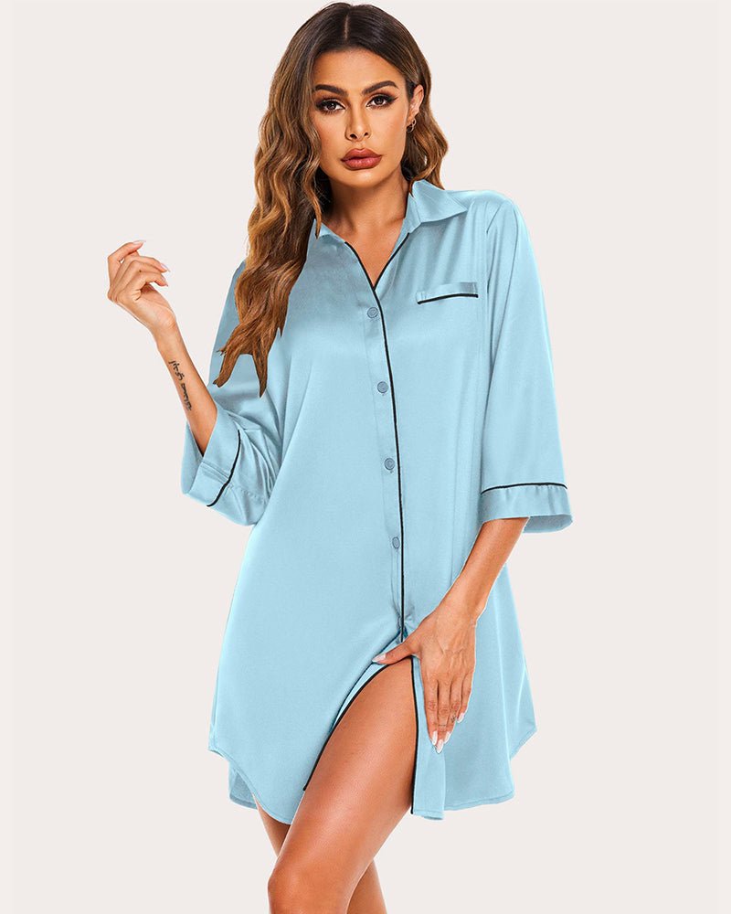 Light blue satin button-up nightshirt with chest pocket and contrast cuff trim