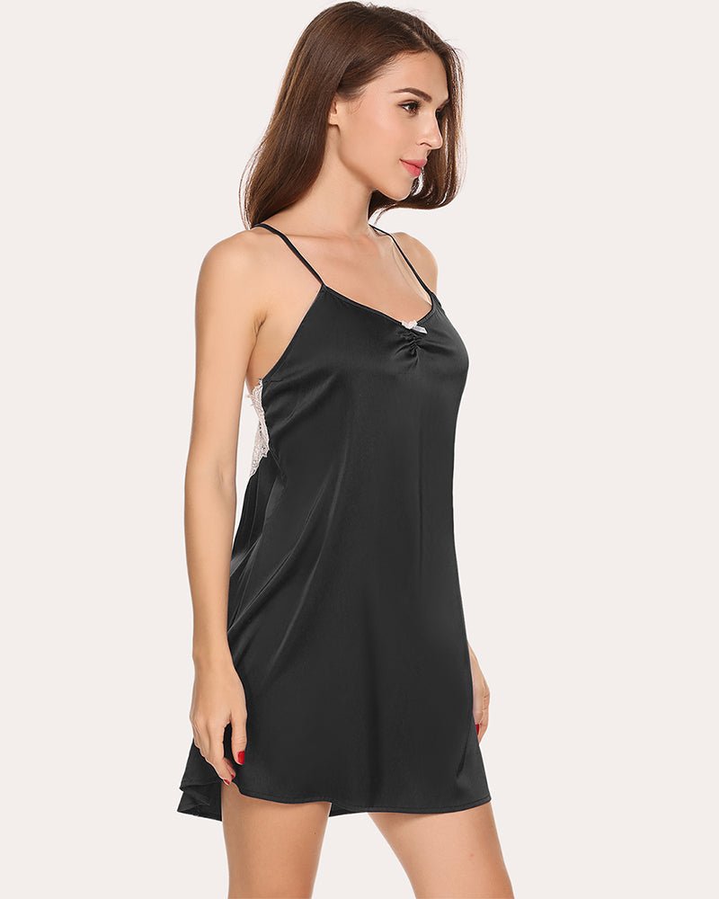 Black satin nightgown with lace-trim neckline and thin straps, short flare hem