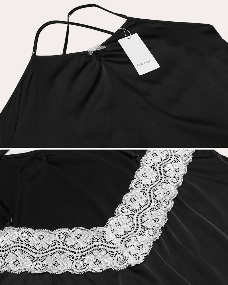 Black satin nightgown top with lace-trim edge and clothing tag
